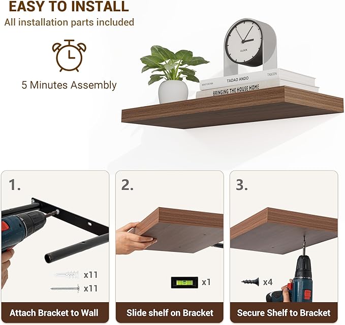 16 Inch Floating Shelves, 16"x9.25"x1.5" Inch Deep Floating Shelves for Wall, Wooden Shelves for Bathroom, Bedroom, Living Room, Walnut-HomvellaHome