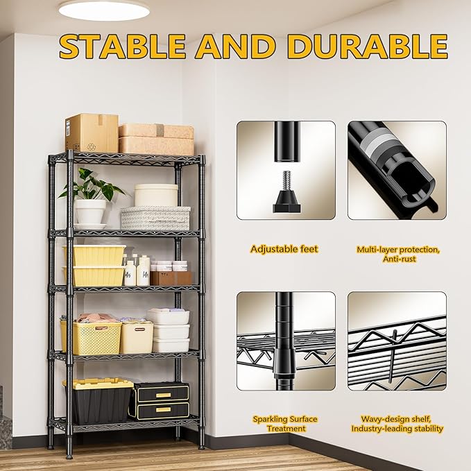 1250 lbs 5 Tier Shelf Metal Storage Shelves Shelving Wire Rack Heavy Duty Closet Organizers for Garage Kitchen Bathroom Laundry Black 13.8" D x 29.5" W x 59.5" H-HomvellaHome