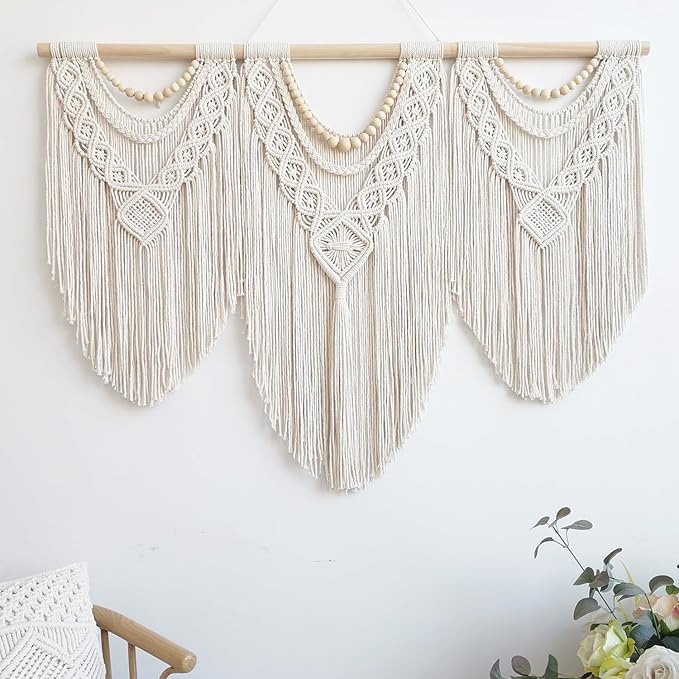 guzhiou large macrame wall hanging - Boho Tapestry Macrame Wall Decor Art- Chic Bohemian Handmade Woven Tapestry Home Decoration for Bedroom Living Room Apartment Wedding Party - 43"x32" (Wood bead)-HomvellaHome