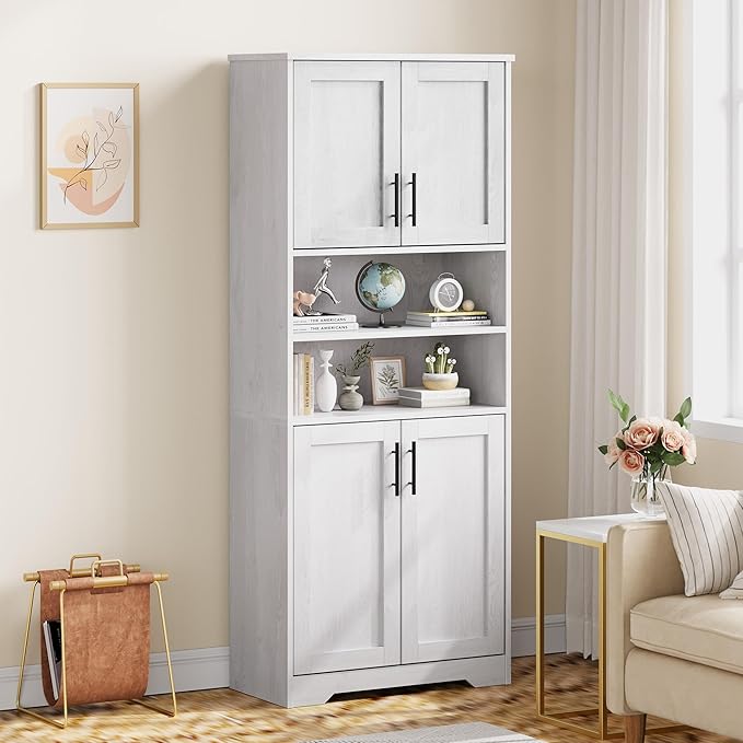 GarveeHome 67" Tall Storage Cabinet, Tall Bathroom Cabinet with 4 Doors and Adjustable Shelves, Freestanding Kitchen Pantry Cabinets, Cupboard for Living Room, Dining Room, Antique White-HomvellaHome