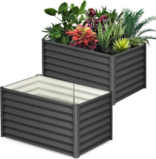 Galvanized Raised Garden Bed Outdoor, 2 Pcs 6x3x2FT Outdoor Large Planter Raised Beds Open Base with Safety Edge and Glove for Vegetables Flowers Ground Planter, Dark Gray-HomvellaHome