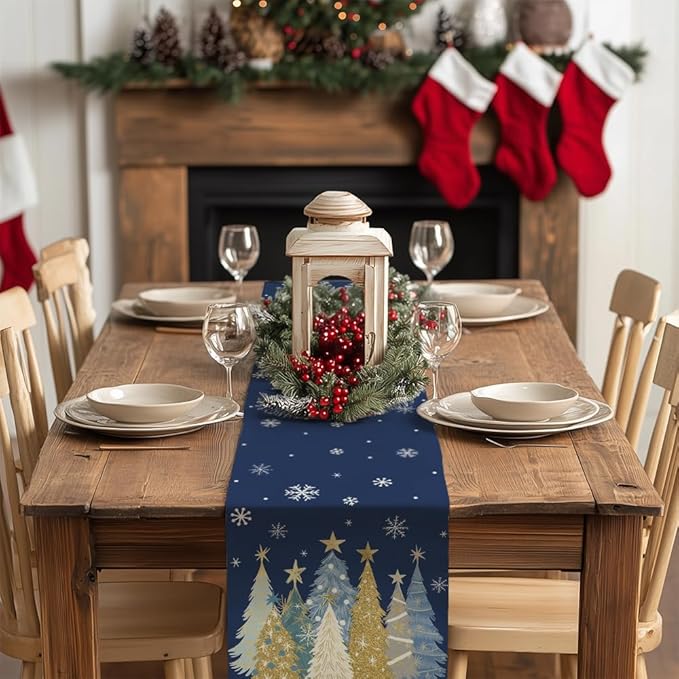 GEEORY Christmas Table Runner 13x36 Inch, Xmas Trees Snowflakes Holiday Decorative Farmhouse Table Decoration for Kitchen Dinning, Indoor Outdoor Dinner Party Decor (Blue) GT151-36-HomvellaHome