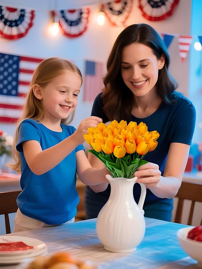 15 Heads Artificial Flowers PU Real Touch Tulip Bouquets Orange Tulips Faux Tulips Latex Fake Flower Bouquet for Spring Wedding Home Décor Centerpiece Arrangements-HomvellaHome