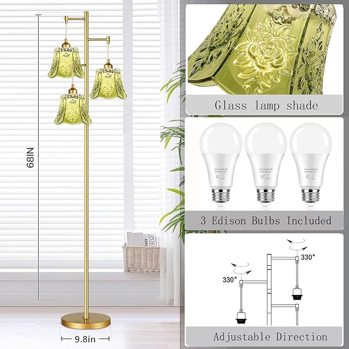 Gold Floor Lamp for Living Room,Bedroom,Tree 3 Light Standing Lamp Mid Century Modern Brass Tall Floor Lamps Vintage Retro Floor Lights Glass Green Flower Lamp Shade Farmhouse Boho Bohemian-HomvellaHome