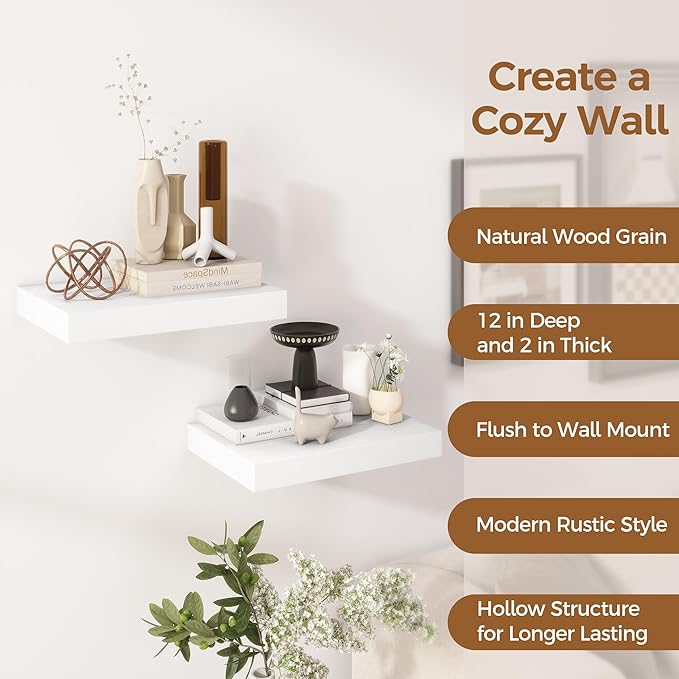 12 Inch Deep White Floating Shelves, 16 x 12 Floating Shelf for Books, Rustic Wood Deep Wall Shelves for Home Storage & Display, 2" Thicked Shelves for Kitchen, Living Room, Bedroom, 2 Pack-HomvellaHome