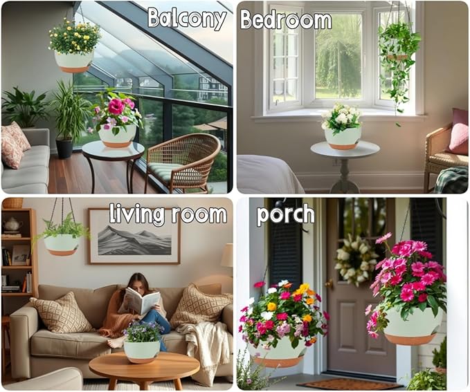 2 Pack 12 Inch Large Hanging Planters with Chains Self Watering Green Brown Plastic Hanging Pots for Indoor Outdoor Plants, Garden Porch Home Decor，Green Brown-HomvellaHome