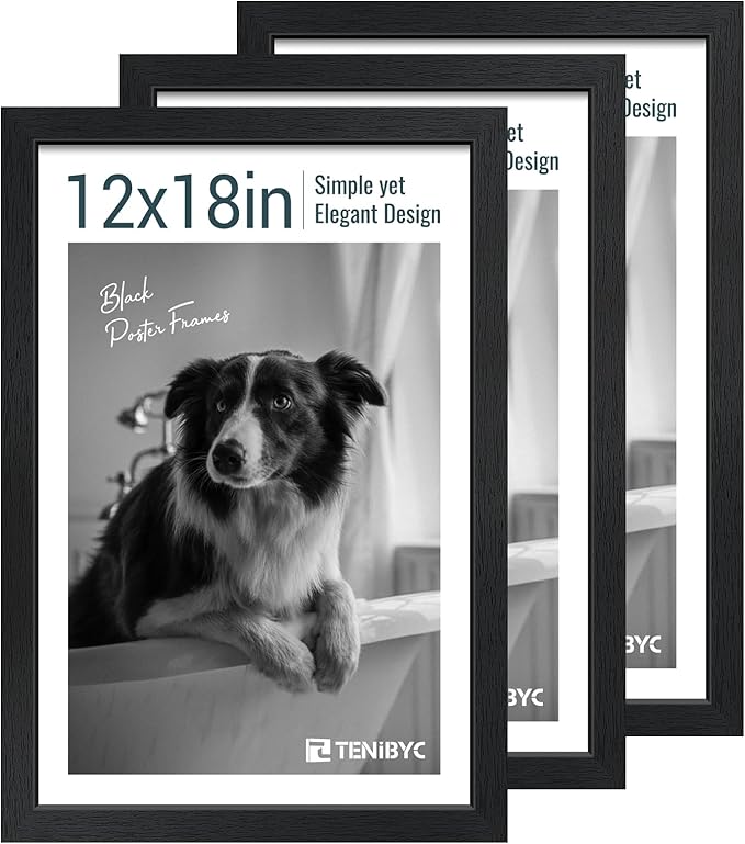 12x18 Poster Frame Set - 3 Pack, Textured Black Solid Wood with HD Tempered Glass, Wall Gallery Picture Photo Frame-HomvellaHome