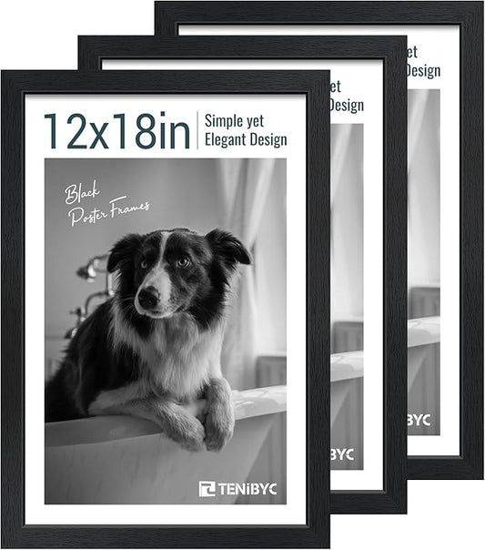 12x18 Poster Frame Set - 3 Pack, Textured Black Solid Wood with HD Tempered Glass, Wall Gallery Picture Photo Frame-HomvellaHome