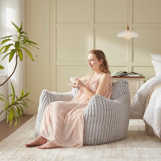 Giant Bean Bag Chairs for Adults Teens, Large Bean Bag Sofa Chairs with Filling Comfy Fuzzy BeanBag Chair with Armrests for Bedroom Living Room Reading-HomvellaHome