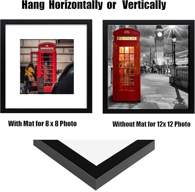 12x12 Picture Frame Set of 6, Display Pictures 8x8 with Mat or 12x12 Without Mat for Wall Mounting,Black-HomvellaHome