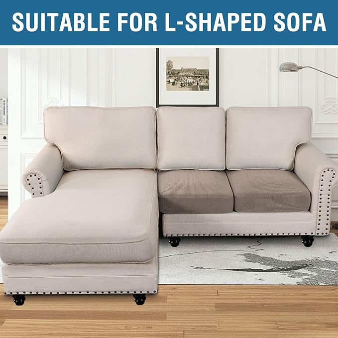 H.VERSAILTEX Super Stretch Individual Seat Cushion Covers Sofa Covers Couch Cushion Covers Slipcover Sets Thick Jacquard Textured Twill Fabric (2 Piece Medium Sofa Cushion Covers, Sand)-HomvellaHome