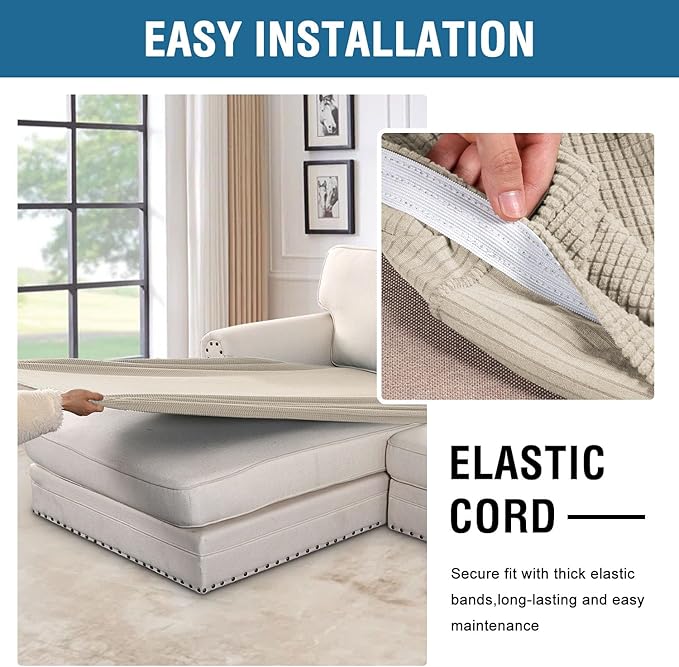 H.VERSAILTEX Super Stretch Individual Chaise Cover Sectional Couch Covers for L Shaped Sofa Both Left/Right Featuring Thick Jacquard Textured Twill Fabric (1 Piece Chaise Cover, Natural)-HomvellaHome