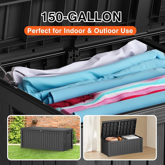 150 Gallon Double-Wall Resin Deck Box - Lockable Waterproof Outdoor Storage Box, 1000lbs Capacity & Doubles as Seating for Patio Furniture - Garden Tools, Pool Accessories (Black)-HomvellaHome