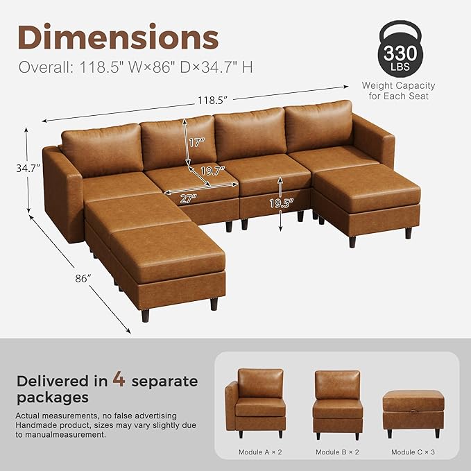 118.5" Faux Leather Modular Sectional Sofa, 7 Seater U Shaped Couch with Storage Seat with Reversible Chaise Deep Seat for Living Room Brown-HomvellaHome