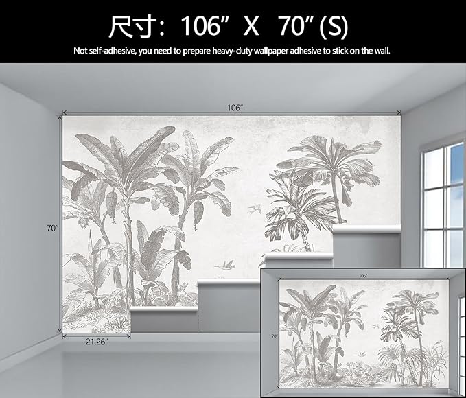 Gray Jungle Landscape Wallpaper Mural Tropical Banana Leaf Wall Mural (Not Peel and Stick)-HomvellaHome