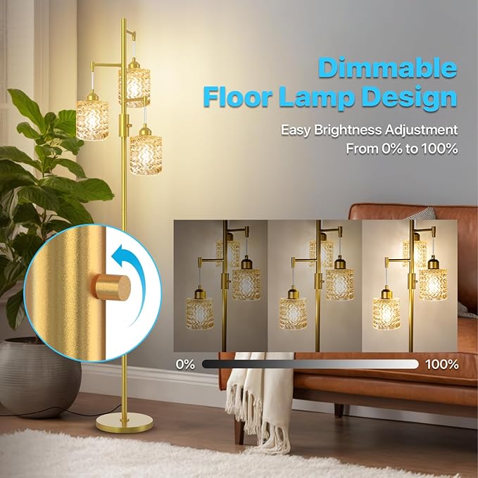 Gold Floor Lamp for Living Room Bedroom, 3-Light Vintage Standing Lamp Stained Glass, Mid Century Modern Tall Floor Lights, Amber Glass Shade with Golden Base-HomvellaHome