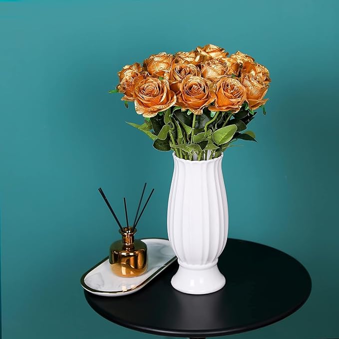 Gold Fake Roses Artificial Flowers - 10 Pcs Fake Artificial Roses Silk Flowers with Stems for Home Wedding Hotel Office Centerpiece Decor-HomvellaHome