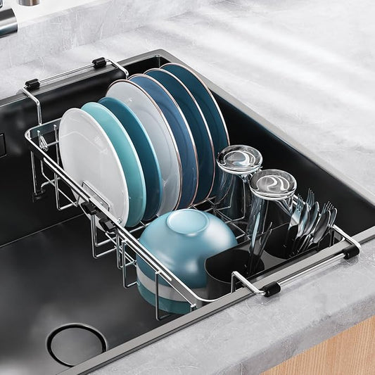 GSlife Expandable in Sink Small Dish Drying Rack - Stainless Steel Capacity Adjustable Over The Sink Dish Rack with Utensil Holder, 11.9“-16.7” L x 9" W x 5.7" H, Silver-HomvellaHome
