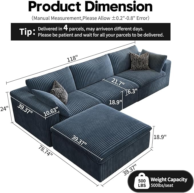 118" Cloud Couch Modular Sectional Sofa for Living Room,Modern Sofa with Deep Seat，L-Shape Boneless Couch with Ottoman,Comfy Upholstered Corduroy Couches for Apartment, Studio, Office,Bedroom，Blue-HomvellaHome
