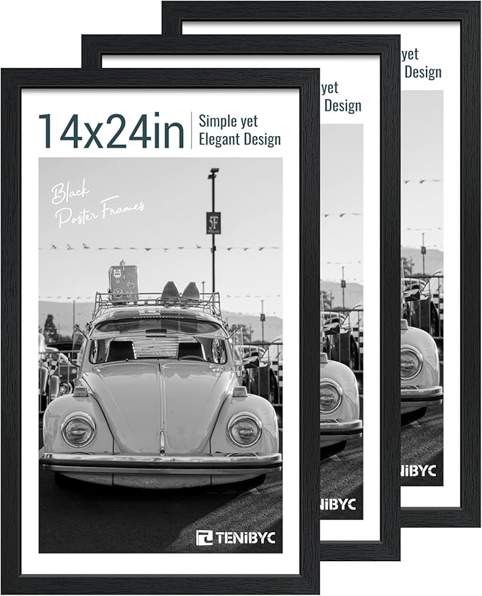 14x24 Poster Frame 3 Pack, Textured Black Solid Wood Gallery Picture Frame - Wall Hanging-HomvellaHome
