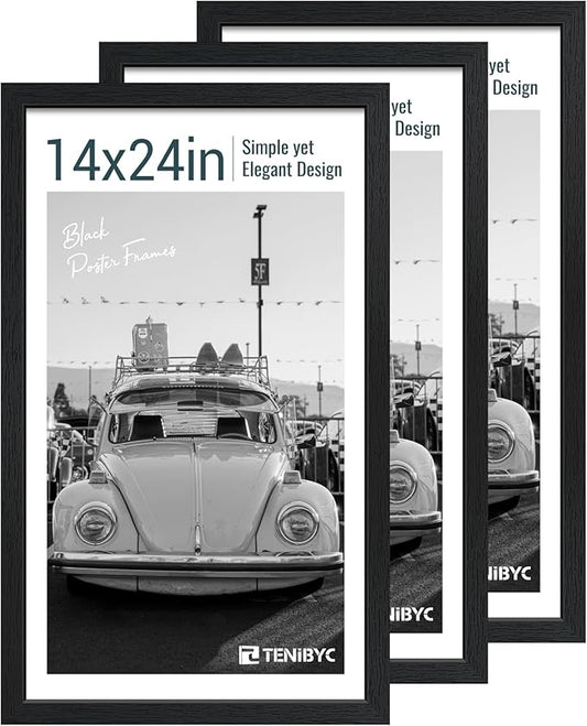 14x24 Poster Frame 3 Pack, Textured Black Solid Wood Gallery Picture Frame - Wall Hanging-HomvellaHome
