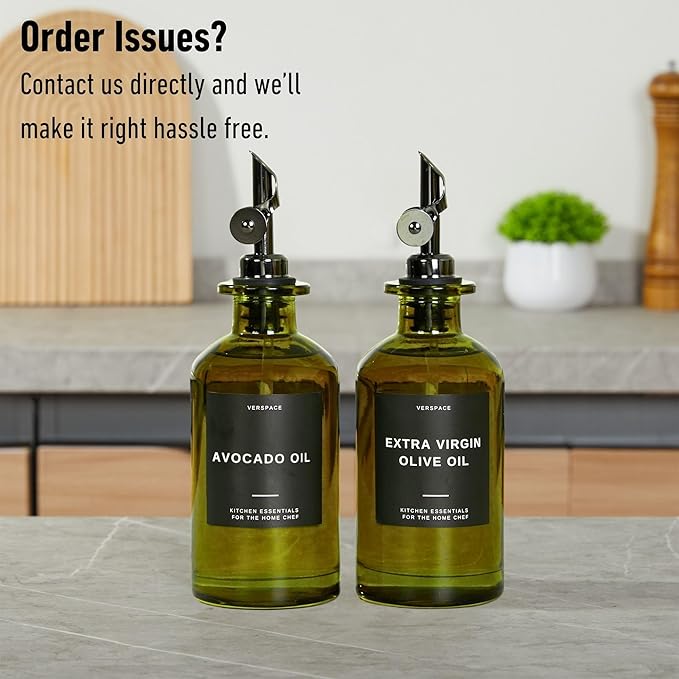 Green Glass Olive Oil Dispenser Bottle For Kitchen By Verpsace,Avocado Oil Dispenser Set, Modern Decor, Gold Kitchen Accessories for Home, Airbnb, Cafe (Black, Set of 2)-HomvellaHome