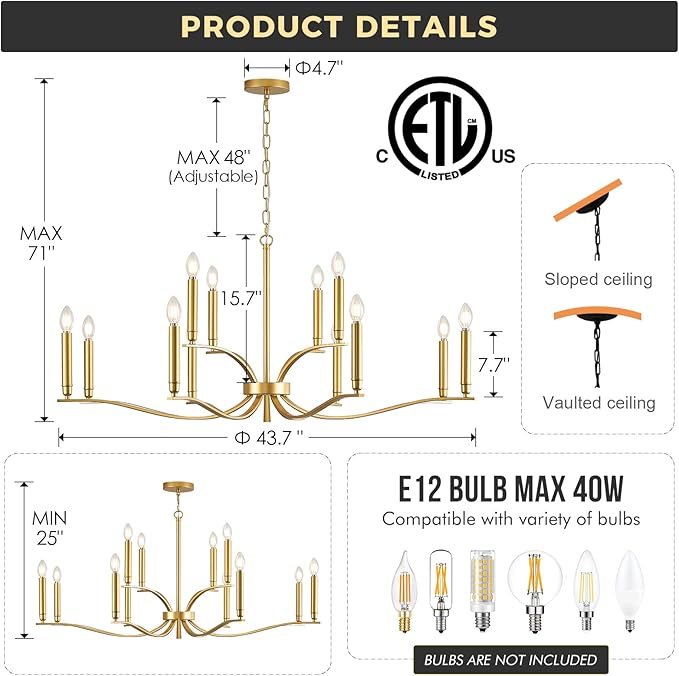 12 Light Gold Living Room Chandelier High Ceiling Foyer Candle Chandelier Large Modern Brass 44in Metal Chandeliers Hanging Light for Master Bedroom Dining Room Light Fixture Over Table-HomvellaHome
