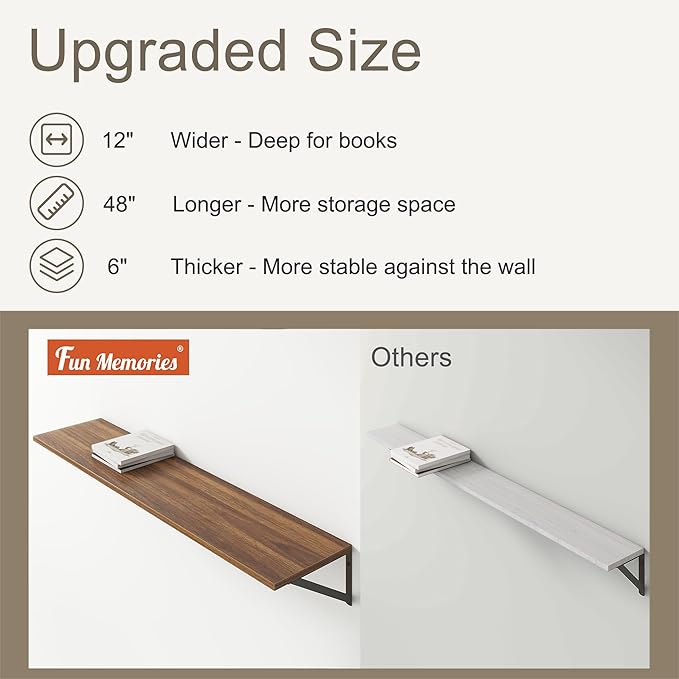 12 Inch Deep Floating Shelves,48W x 12D Floating Shelves, Deep Wall Shelves Bracket Set of 2, Large Display Floating Shelf for Bathroom, Living Room, Wide Storage Wooden Wall Shelf, Walnut-HomvellaHome