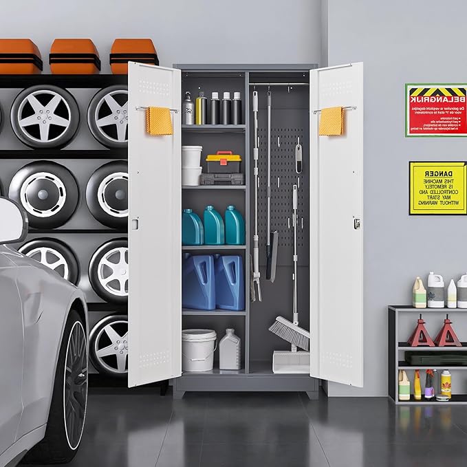 Garage Storage Cabinet,Broom Closet with Lock,Locking Cabinets with Hanging Rod & S-Hooks for School,Garage,Grey-White-HomvellaHome