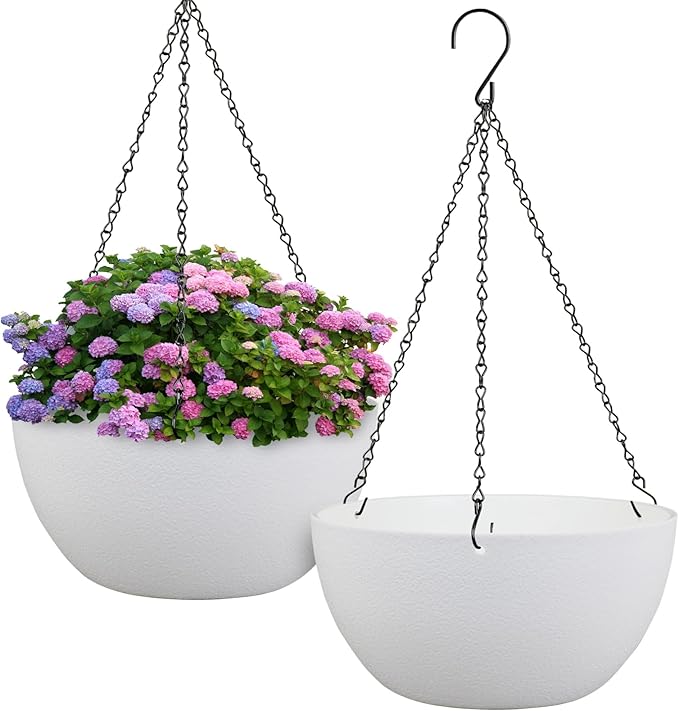 12 inch Large Hanging Planters for Indoor Outdoor Plants, 2 Pack Hanging Flower Pots with Drainage Holes and Chain for Garden Porch, Plastic Hanging Baskets for House Plants, White-HomvellaHome