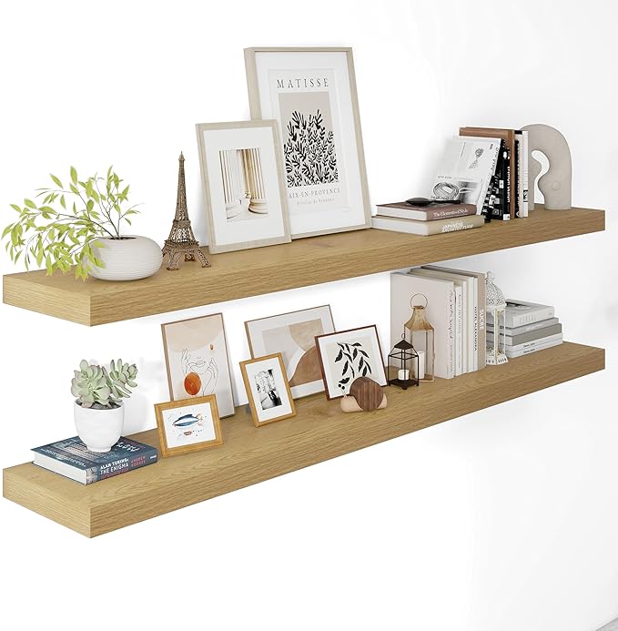 12 Inch Deep Floating Shelves 55 inch Long, 55 x 12 Wide Wall Shelves with Invisible Brackets, Heavy Duty Shelf for Bedroom Bathroom Living Room Kitchen Office Home Decor, Modern Shelf Set of 2, Oak-HomvellaHome