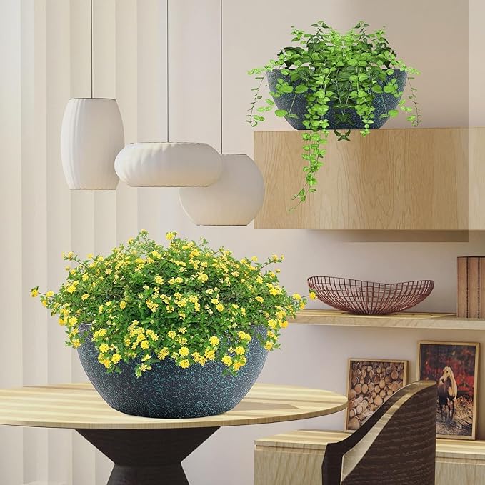 10inch Hanging Planters for Outdoor Indoor Plants with Drainage Holes and Chain, 2 Pack Round Hanging Flower Pots for Garden Home Porch Decor, Black with Green Speckles-HomvellaHome