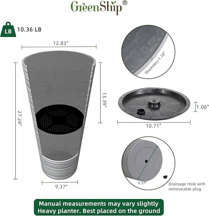 GreenShip 27" Tall Planters, Set of 2 – Black Outdoor Planter for Front Porch & Tall Plants, Weather-Resistant, with Drainage Hole & Rubber Plug (No Plants Included) (Light Gray)-HomvellaHome