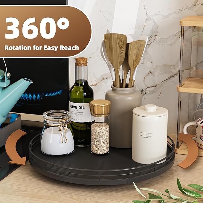 13" Lazy Susan Turntable Organizer for Table Top, Round Wooden Lazy Susan for Cabinet Kitchen Decor Centerpieces Coffee Table, Storage Condiments Spices, Bathroom Vanity Tray for Soap, Black-HomvellaHome