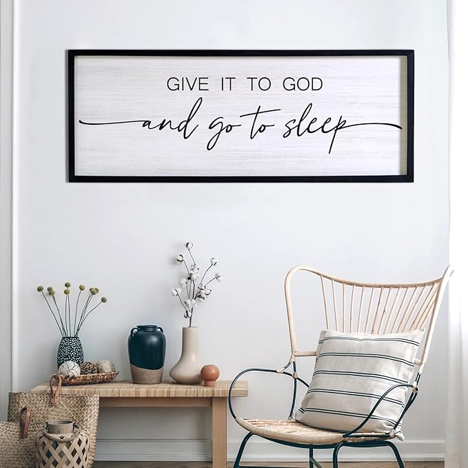 Give It to God and Go to Sleep Decorative Rustic Sign & Plaque Framed Wall Art for Couples, 40''×15'' Cottagecore Wooden Horizontal Wall Decor Above Bed, Vintage Farmhouse Wedding Gift for Bedroom-HomvellaHome