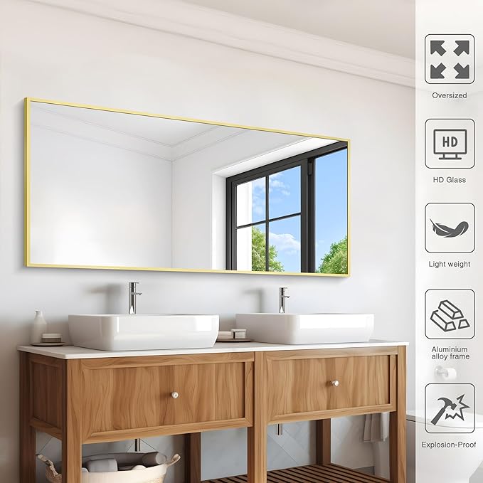 Gold Bathroom Mirror for Wall, 60x30 Inch Rectangle Mirrors with Metal Frame, Modern Vanity Wall Mirror Decor for Bathroom Living Room, Entryway Hangs Horizontal or Vertical-HomvellaHome