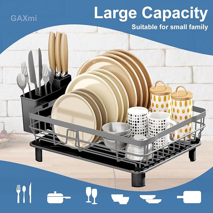 GAXmi Dish Drying Rack Over The Sink Drainer with Drainboard Utensil Holder, 1-Tier Grey-HomvellaHome