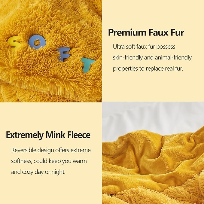 GONAAP Fuzzy Faux Fur Throw Blanket Twin Size Mustard Yellow Super Soft Cozy Plush Fuzzy Shaggy Blanket for Couch Sofa Bed (Mustard Yellow, Twin(60"x80"))-HomvellaHome