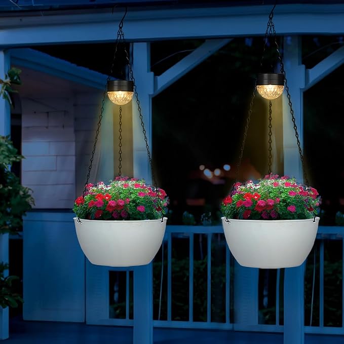 2 Packs Hanging Planters Basket for Outdoor Plants, Solar Powered Self Watering White Round Plastic Flower Pots with Drainer for Balcony Patio Garden Outdoor Decoration-HomvellaHome