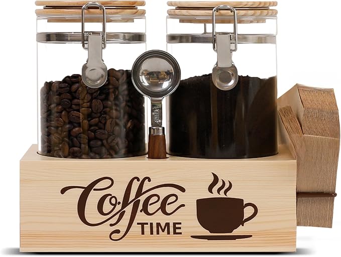 Glass Coffee Canister Set with Shelf & Spoon 2 Piece Coffee Containers for Coffee Bean Storage Airtight Seal, Coffee Bar Accessories Filter Holder for Kitchen Organization-HomvellaHome