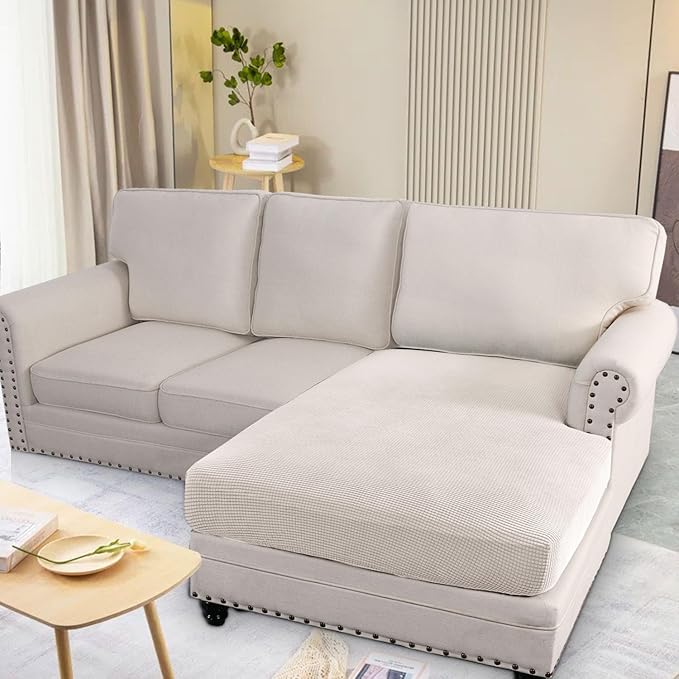 H.VERSAILTEX Super Stretch Individual Chaise Cover Sectional Couch Covers for L Shaped Sofa Both Left/Right Featuring Thick Jacquard Textured Twill Fabric (1 Piece Chaise Cover Large, Ivory)-HomvellaHome