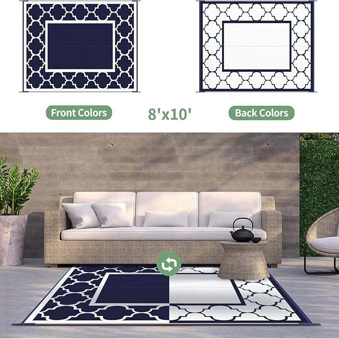 GENIMO Outdoor Rug Waterproof for Patio Decor, 8'x10' Reversible Plastic Straw Rug Carpet, Camping Mats for Outdoor, RV, Backyard, Deck, Balcony, Picnic, Blue & White-HomvellaHome