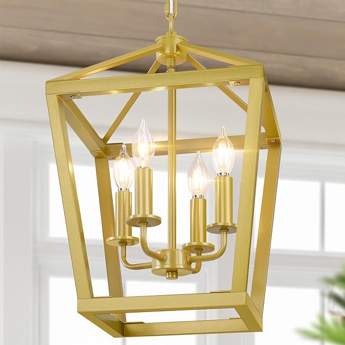Gold Chandelier 4-Light, Farmhouse Pendant Light Fixture Adjustable Height, Modern Dining Room Light Fixture, Lantern Ceiling Hanging Lighting with Metal Cage for Kitchen Island Entryway Foyer-HomvellaHome