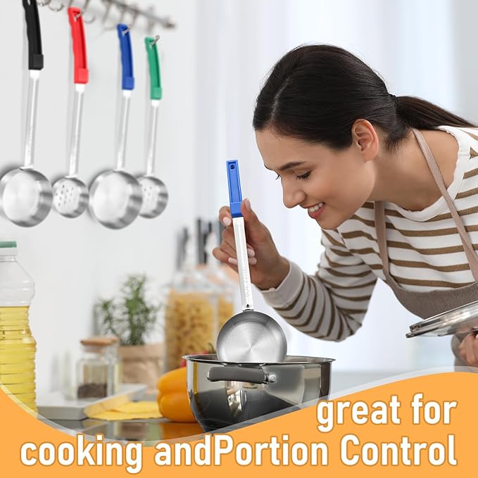 16 Pcs Portion Control Serving Spoons, Restaurant Measuring Serving Ladle Utensils, Portion Control Slotted Scoops for Weight Loss, Solid and Perforated Scoops(4 Colors,4 Sizes)-HomvellaHome