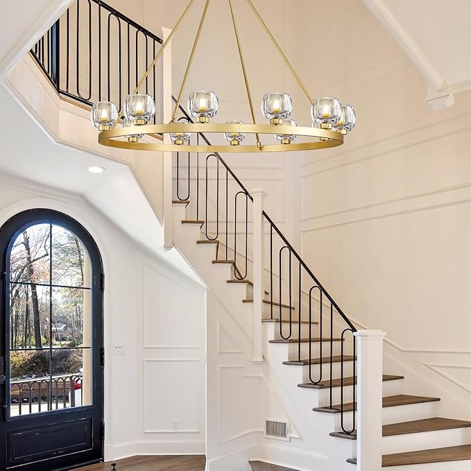 Gold Wagon Wheel Chandelier, 48 Inch Brass Chandeliers with Unique Glass Shade, 12-Light Crystal Large Wagon Wheel Chandeliers for Dining Room, High Ceiling Round Chandelier for Living Room, Foyer-HomvellaHome