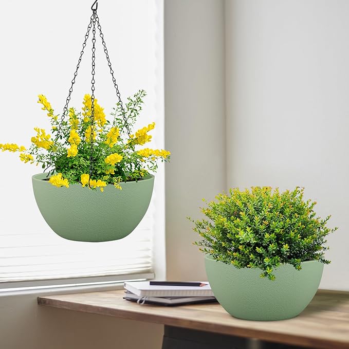 10 inch Hanging Planters Plant Pots for Indoor Outdoor Plants, 2 Pack Hanging Flower Pots with Drainage Holes and Chain for Garden Porch, Plastic Hanging Baskets for House Plants, Green-HomvellaHome