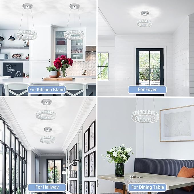 11.8" Crystal Chandelier LED Round Flush Mount Ceiling Light Fixture Modern Hanging Pendant Lighting Mini Ring Chandeliers for Dining Room Kitchen Island Hallway Bathroom (Cool White)-HomvellaHome