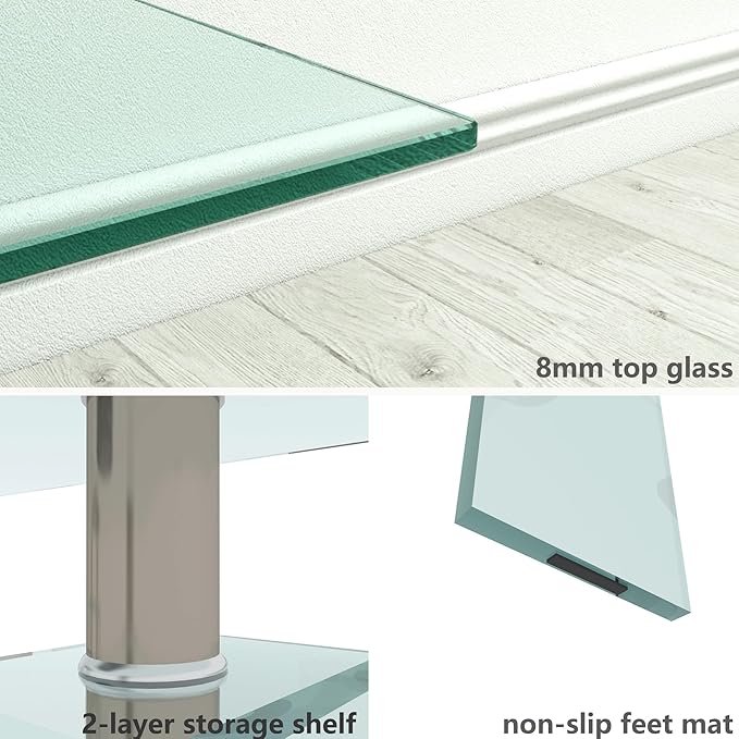 Glass Coffee Table for Living Room, Modern Rectangle All Tempered Glass Table 8mm Clear Transparent Top Home Furniture for Small Space Bearing 220LB-HomvellaHome