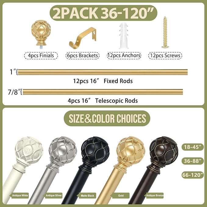 Gold Adjustable Curtain Rods for Windows:Farmhouse Heavy Duty Curtain Rod for Bedroom Living Room,Boho Decorative Rustic Drapery Rod with Vintage Coastal Finials,Brass Gold 2 Pack 66-120"-HomvellaHome