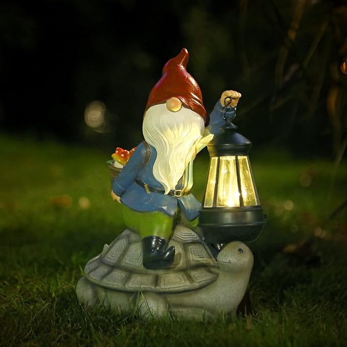 Gnome and Turtle Garden Decor, Large Outdoor Garden Sculptures & Statues, Outside Patio Yard Lawn Decorations, Housewarming for Women, Mom, Grandma with Solar Lantern-HomvellaHome